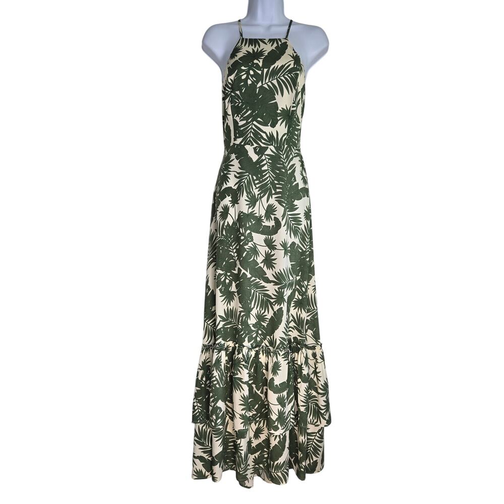 Baltic Born NWT Womens Olive Green Tropical Halter, Open Back Maxi Dress; Med